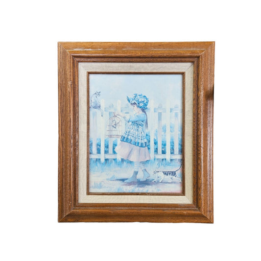 15"12.5" Wood Framed L Peterman #458 Girl with Bird and Cat