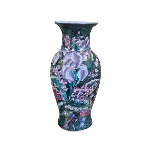 Chinese Famille Noire Ballister Vase Qing Dynasty, Flower Vase Stands 10" Tall