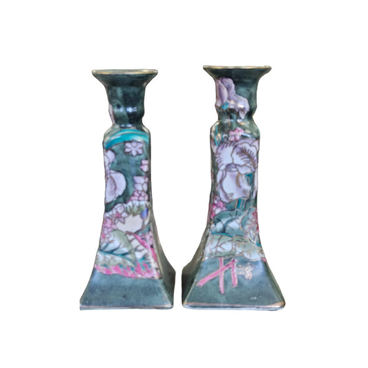 Chinese Chinoiserie Procelain Candle Sticks 8.5"Tall