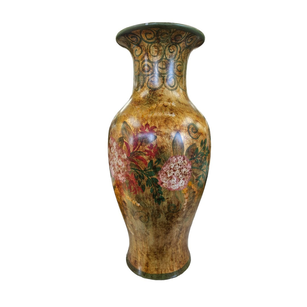 Gold Decorative 14" Tall Flower Theme Painted Vase