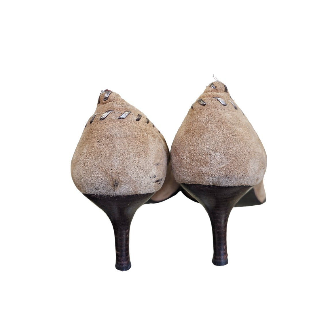 Women's Stuart Weitzman Neutral Camel Suede Whipstitch Tassel Heels Pointed Toe Size 6 1/2