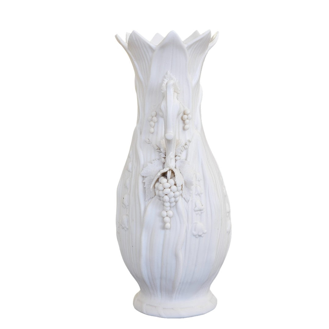 Antique Parian Ware White Vase Grapes Decorr 10" T x 6" Wide