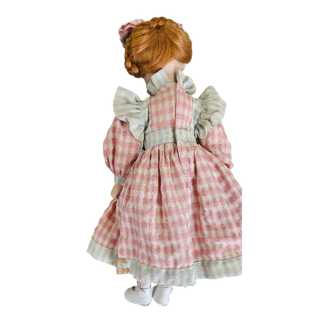 Collectible Porcelain Doll Pink Dress with Red Hair 17" Tall