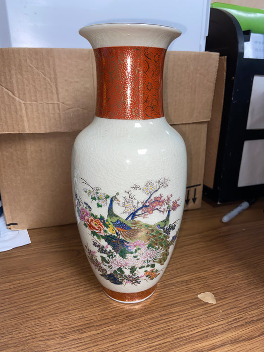 Vintage Satsuma Japanese Peacock Floral Tree Porcelain Vase