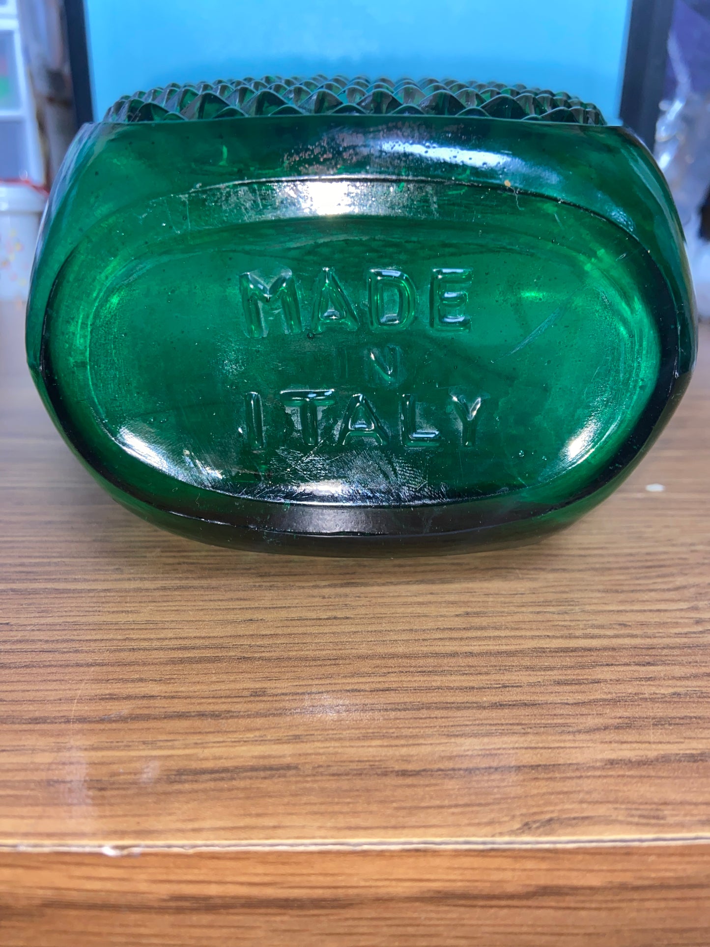 Vintage Green Italian Empoli Glass Diamond Point Decanter