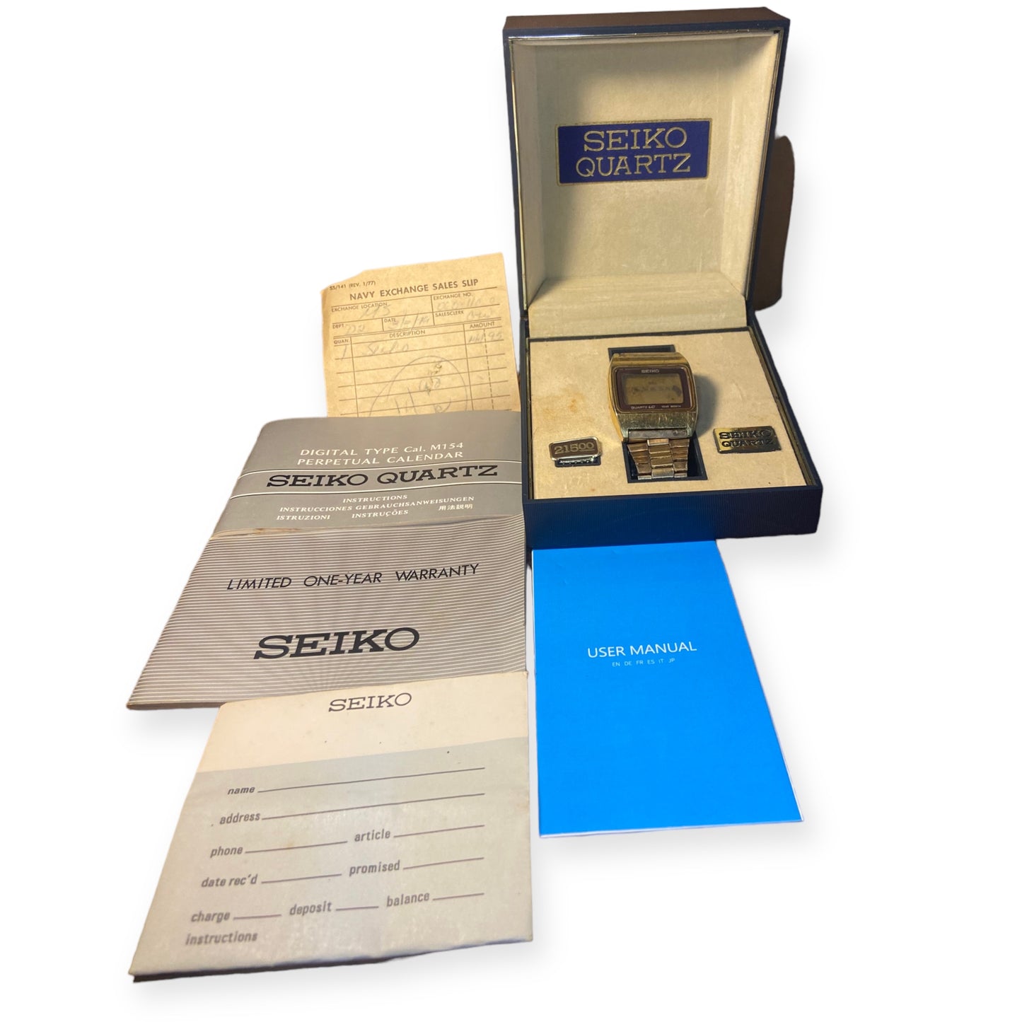 Vintage Seiko 1979 Gold Digital Cal.M154 Quartz Perpetual Calendar Box & Papers Even Reciept From The Navy Exchange