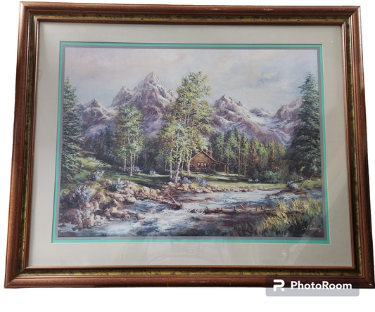 Lee K. Parkinson - SIGNED Lithograph “Log Cabin by the River in the Mountains”