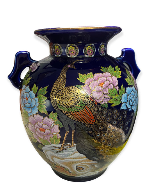 Vintage Kutani Cobalt Peacock and Peony Porcelain Vase