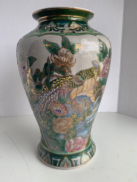 Vintage Oriental Hand Painted Ceramic Vase. Peacock & Floral design.
